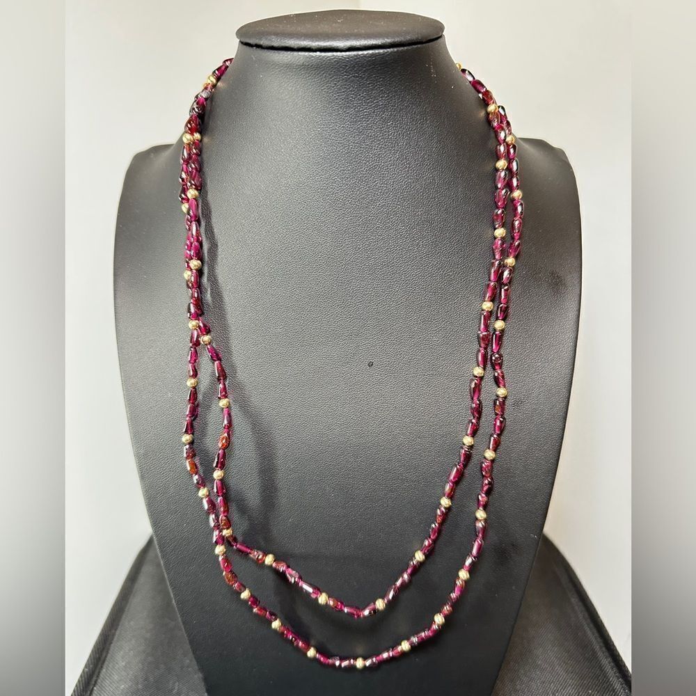 23"-25" Double Stranded all Garnet and yellow gold filled beaded necklace!